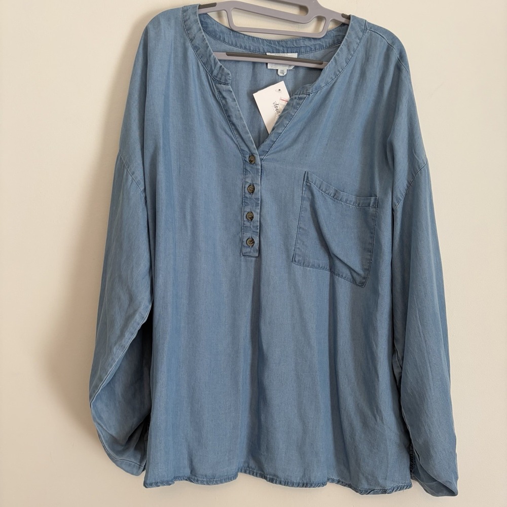 NWT Perch By Blue Pepper 3xl blue Denim Top 3/4 Sleeves Pocket Button Front